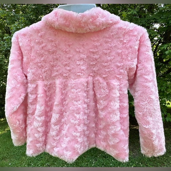 Girls Rule Pink Fluffy Soft Faux Fur Furry Button Jacket Black Bow Size 6X - Picture 2 of 16